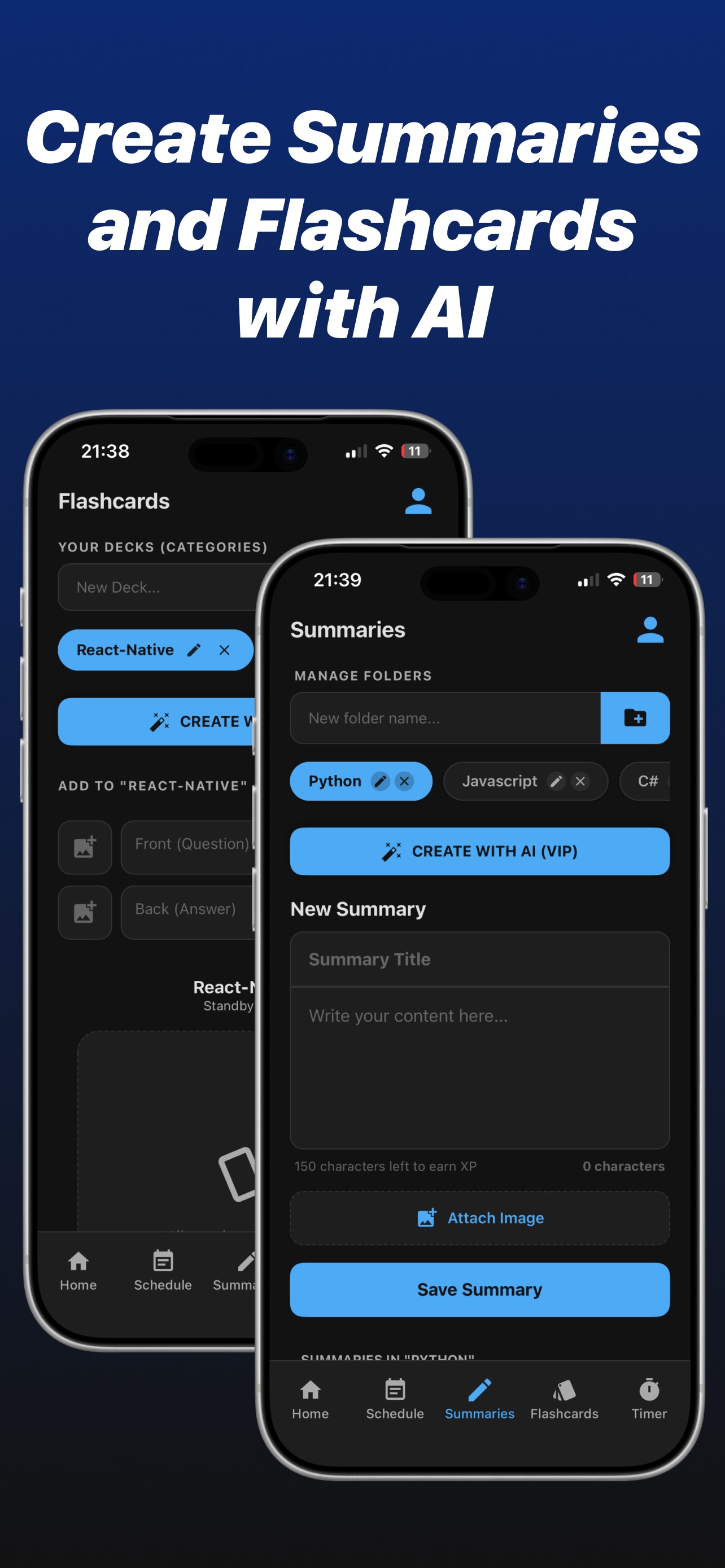 Summaries and Flashcards interface